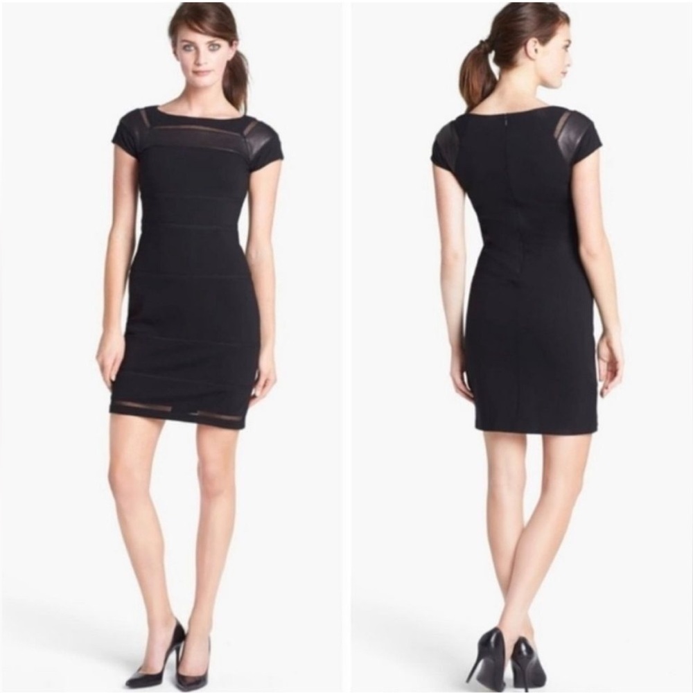Diane Von Furstenberg 'NOVI' KNIT LEATHER TRIM BLACK SHEATH DRESS